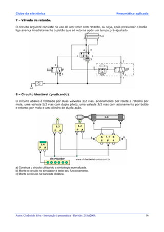 Clube da eletrônica Pneumática aplicada
Autor: Clodoaldo Silva - Introdução à pneumática - Revisão: 21Set2006. 16
7 – Válvula de retardo.
O circuito seguinte consiste no uso de um timer com retardo, ou seja, após pressionar o botão
liga avança imediatamente o pistão que só retorna após um tempo pré-ajustado.
8 – Circuito biestável (praticando)
O circuito abaixo é formado por duas válvulas 3/2 vias, acionamento por rolete e retorno por
mola, uma válvula 5/2 vias com duplo piloto, uma válvula 3/2 vias com acionamento por botão
e retorno por mola e um cilindro de dupla ação.
a) Construa o circuito utilizando a simbologia normalizada.
b) Monte o circuito no simulador e teste seu funcionamento.
c) Monte o circuito na bancada didática.
 