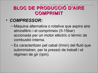 BBllooccss ffuunncciioonnaallss ddeell cciirrccuuiitt ppnneeuummààttiicc 
BLOC DE PPRROODDUUCCCCIIÓÓ DD’’AAIIRREE 
CCOOMMPPRRIIMMIITT 
• CCOOMMPPRREESSSSOORR:: 
– Màquina alternativa o rotativa que aspira aire 
atmosfèric i el comprimeix (5-15bar) 
accionada per un motor elèctric o tèrmic de 
combustió interna. 
– Es caracteritzen pel cabal (l/min) del fluid que 
subministren, per la pressió de treball i el 
régimen de gir (rpm). 
 