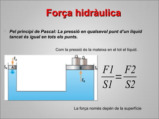FFoorrççaa hhiiddrrààuulliiccaa 
 PPeell pprriinncciippii ddee PPaassccaall:: LLaa pprreessssiióó eenn qquuaallsseevvooll ppuunntt dd’’uunn llííqquuiidd 
ttaannccaatt ééss iigguuaall eenn ttoottss eellss ppuunnttss.. 
Com la pressió és la mateixa en el tot el líquid. 
F1 
S1= 
F2 
S2 
La força només depén de la superfície 
 