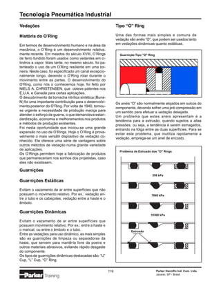 Tecnologia Pneumática Industrial
Vedações                                                       Tipo “O” Ring

História do O’Ring                                             Uma das formas mais simples e comuns de
                                                               vedação são anéis “O”, que podem ser usados tanto
Em termos de desenvolvimento humano e na área da               em vedações dinâmicas quanto estáticas.
mecânica, o O’Ring é um desenvolvimento relativa-
mente recente. Em meados do século XVIII, O’Rings                Guarnição Tipo "O" Ring
de ferro fundido foram usados como vedantes em ci-
lindros a vapor. Mais tarde, no mesmo século, foi pa-
tenteado o uso de um O’Ring resiliente em uma tor-
neira. Neste caso, foi especificado um canal excepcio-
nalmente longo, devendo o O’Ring rolar durante o
movimento entre as partes. O desenvolvimento do
O’Ring, como nós o conhecemos hoje, foi feito por
NIELS A. CHRISTENSEN, que obteve patentes nos
E.U.A. e Canadá para certas aplicações.
O descobrimento da borracha nitrílica sintética (Buna-
N) foi uma importante contribuição para o desenvolvi-          Os anéis “O” são normalmente alojados em sulcos do
mento posterior do O’Ring. Por volta de 1940, tornou-          componente, devendo sofrer uma pré-compressão em
se urgente a necessidade de produção maciça para               um sentido para efetuar a vedação desejada.
atender o esforço de guerra, o que demandava estan-            Um problema que estes anéis apresentam é a
dardização, economia e melhoramentos nos produtos              tendência para a extrusão, quando sujeitos a altas
e métodos de produção existentes.                              pressões, ou seja, a tendência é serem esmagados,
Foi nesta oportunidade que iniciou-se uma grande               entrando na folga entre as duas superfícies. Para se
expansão no uso de O’Rings. Hoje o O’Ring é prova-             evitar este problema, que inutiliza rapidamente a
velmente o mais versátil dispositivo de vedação co-            vedação, emprega-se um anel de encosto.
nhecido. Ele oferece uma série de vantagens sobre
outros métodos de vedação numa grande variedade
de aplicações.
                                                                 Problema de Extrusão dos "O" Rings
Os O’Rings permitem hoje a fabricação de produtos
que permaneceriam nos sonhos dos projetistas, caso
eles não existissem.

Guarnições
                                                                                      350 kPa
Guarnições Estáticas

Evitam o vazamento de ar entre superfícies que não
possuem o movimento relativo. Por ex.: vedação en-                                   7000 kPa
tre o tubo e os cabeçotes, vedação entre a haste e o
êmbolo.

Guarnições Dinâmicas
                                                                                     10300 kPa

Evitam o vazamento de ar entre superfícies que
possuem movimento relativo. Por ex.: entre a haste e
o mancal, ou entre o êmbolo e o tubo.                                   Extrusão
Entre as vedações para uso dinâmico, as mais simples
são as guarnições de limpeza ou separadoras da
haste, que servem para mantê-la livre da poeira e
outros materiais abrasivos, evitando rápido desgaste
do componente.
Os tipos de guarnições dinâmicas destacadas são: “U”
Cup, “L” Cup, “O” Ring.


                                                         116                               Parker Hannifin Ind. Com. Ltda.
                                                                                           Jacareí, SP - Brasil
               Training
 