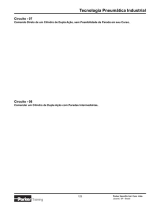 Tecnologia Pneumática Industrial
Circuito - 07
Comando Direto de um Cilindro de Dupla Ação, sem Possibilidade de Parada em seu Curso.




Circuito - 08
Comandar um Cilindro de Dupla Ação com Paradas Intermediárias.




                                               125                       Parker Hannifin Ind. Com. Ltda.
                                                                         Jacareí, SP - Brasil
             Training
 