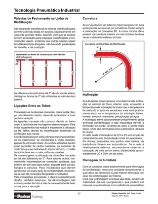 Tecnologia Pneumática Industrial
Válvulas de Fechamento na Linha de                               Curvatura
Distribuição
                                                                 As curvas devem ser feitas no maior raio possível, para
São de grande importância na rede de distribuição para           evitar perdas excessivas por turbulência. Evitar sempre
permitir a divisão desta em seções, especialmente em             a colocação de cotovelos 90°. A curva mínima deve
casos de grandes redes, fazendo com que as seções                possuir na curvatura interior um raio mínimo de duas
tornem-se isoladas para inspeção, modificações e ma-             vezes o diâmetro externo do tubo.
nutenção. Assim, evitamos que outras seções sejam
simultaneamente atingidas, não havendo paralisação                 Curvatura em Uma Rede de Distribuição
do trabalho e da produção.                                                   Ø


  Isolamento da Rede de Distribuição com Válvula
  de Fechamento


 AC

                                                                                                    Ø
                                                                                           n   .2
                                                                                        Mí
                                                                                   R.




As válvulas mais aplicadas até 2" são do tipo de esfera,
                                                                 Inclinação
diafragma. Acima de 2" são utilizadas as válvulas tipo
gaveta.
                                                                 As tubulações devem possuir uma determinada inclina-
                                                                 ção no sentido do fluxo interior, pois, enquanto a
Ligações Entre os Tubos                                          temperatura de tubulação for maior que a temperatura
                                                                 de saída do ar após os secadores, este sairá pratica-
Processam-se de diversas maneiras, rosca, solda, flan-
                                                                 mente seco; se a temperatura da tubulação baixar,
ge, acoplamento rápido, devendo apresentar a mais
                                                                 haverá, embora raramente, precipitação de água.
perfeita vedação.
                                                                 A inclinação serve para favorecer o recolhimento desta
As ligações roscadas são comuns, devido ao baixo
                                                                 eventual condensação e das impurezas devido à
custo e facilidade de montagem e desmontagem. Para
                                                                 formação de óxido, levando-as para o ponto mais
evitar vazamentos nas roscas é importante a utilização
                                                                 baixo, onde são eliminadas para a atmosfera, através
da fita Teflon, devido às imperfeições existentes na
                                                                 do dreno.
confecção das roscas.
                                                                 O valor desta inclinação é de 0,5 a 2% em função do
A união realizada por solda oferece menor possibilida-
                                                                 comprimento reto da tubulação onde for executada.
de de vazamento, se comparada à união roscada,
                                                                 Os drenos, colocados nos pontos mais baixos, de
apesar de um custo maior. As uniões soldadas devem
                                                                 preferência devem ser automáticos. Se a rede é
estar cercadas de certos cuidados, as escamas de
                                                                 relativamente extensa, recomenda-se observar a
óxido têm que ser retiradas do interior do tubo, o cordão
                                                                 colocação de mais de um dreno, distanciados aproxi-
de solda deve ser o mais uniforme possível.
                                                                 madamente 20 a 30m um do outro.
De maneira geral, a utilização de conexões roscadas
se faz até diâmetros de 3". Para valores acima, nor-
malmente recomendam-se conexões soldadas, que
                                                                 Drenagem de Umidade
podem ser por topo para tubos, soquete para curvas,
flanges e válvulas. Para instalações que devem                   Com os cuidados vistos anteriormente para eliminação
apresentar um maior grau de confiabilidade, recomen-             do condensado, resta uma umidade remanescente, a
da-se uso de conexões flangeadas e soldadas.                     qual deve ser removida ou até mesmo eliminada, em
Para instalações provisórias, o ideal é o acoplamento            caso de condensação da mesma.
rápido, também estanque. Na desmontagem não                      Para que a drenagem eventual seja feita, devem ser
existem perdas de tubo e não há necessidade de fazer             instalados drenos (purgadores), que podem ser
cortes para a remoção.                                           manuais ou automáticos, com preferência para o último


                                                            22                                      Parker Hannifin Ind. Com. Ltda.
                                                                                                    Jacareí, SP - Brasil
                Training
 