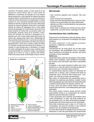 Tecnologia Pneumática Industrial
caminhos. Em baixas vazões, a maior parte do ar flui              Manutenção
através do orifício Venturi (B) e a outra parte flui
defletindo a membrana de restrição (A) e ao mesmo                 - Usar somente algodão para limpeza, não usar
tempo pressuriza o copo através do assento da esfera                estopa.
da placa inferior. A velocidade do ar que flui através do         - Lavar somente com querosene.
orifício do Venturi (B) provoca uma depressão no orifício         - Evitar preencher demasiadamente o copo com óleo.
superior (F), que, somada à pressão positiva do copo              - Verificar se as guarnições não estão danificadas.
através do tubo de sucção (E), faz com que o óleo escoe           - Verificar se o filtro na extremidade do tubo pescador
através do conjunto gotejador. Esse fluxo é controlado              não está entupido.
através da válvula de regulagem (G) e o óleo goteja               - Evitar forçar o parafuso de controle de fluxo dema-
através da passagem (I), encontrando o fluxo de ar que              siadamente, ao tentar fechar a passagem de óleo.
passa através do Venturi (B), provocando assim sua
pulverização. Quando o fluxo de ar aumenta, a mem-
brana de restrição (A) dificulta a passagem do ar,
                                                                  Características dos Lubrificantes
fazendo com que a maior parte passe pelo orifício do
Venturi (B), assegurando assim que a distribuição de              Predominam os lubrificantes à base de petróleo, porém
óleo aumente linearmente com o aumento da vazão de                está havendo um incremento na utilização dos óleos
ar. O copo pode ser preenchido com óleo sem precisar              sintéticos.
despressurizar a linha de ar, devido à ação da esfera             Os óleos pertencem a três classes principais:
(C). Quando o bujão de enchimento (H) é retirado, o ar            parafínicos, naftênicos e aromáticos;
contido no copo escapa para a atmosfera e a esfera                Parafínicos
(C) veda a passagem de ar para o copo, evitando assim             Caracterizam-se, de modo geral, por um alto índice
sua pressurização. Ao recolocar o bujão, uma pequena              de viscosidade, alta estabilidade contra a oxidação,
porção de ar entra no copo e quando este estiver                  menor tendência à formação de vernizes, alto ponto
totalmente pressurizado a lubrificação volta ao normal.           de fluidez e baixa densidade.
                                                                  Naftênicos
                                                                  Apresentam baixo índice de viscosidade, menor estabi-
  Secção de um Lubrificador                                       lidade contra oxidação, maior tendência à formação
                                            H
                                                                  de vernizes, ponto de fluidez mais baixo e densidade
                                                      G           elevada.
                                   F                              Entretanto, o seu poder solvente é melhor que o dos
                                                                  parafínicos e o tipo de carbono formado ao queimar é
                                                                  menos duro que o formado pelos primeiros.
 A                                                                As características básicas podem ser alteradas de
                                                      I           acordo com o serviço, pois o produto final pode se
 B                                                                apresentar sob a forma de óleo mineral puro, com-
                                                      J           posto, com aditivos ou óleos emulsionáveis.
 C                                                    E           Nem todos os lubrificantes são apropriados para a
                                                                  utilização nos sistemas pneumáticos, existem muitos
                                                                  óleos empregados que criam sérios inconvenientes para
 D
                                                                  o perfeito funcionamento de válvulas, cilindros, etc.
                                                                  A maior parte dos óleos contém aditivos especiais
 E                                                                próprios para certos fins, mas inadequados para outras
                                                                  aplicações.
                                                                  Dois óleos podem parecer iguais perante certas
                                                                  propriedades físicas e se comportarem de maneira
                                                                  diferente perante diferentes materiais.
                                                                  O óleo apropriado para sistemas pneumáticos deve
                                                                  conter antioxidante, ou seja, não deve oxidar-se ao
                                                                  ser nebulizado com o ar; deve conter aditivos antiespu-
                                            Simbologia
                                                                  mantes para não formar espuma ao ser nebulizado.
A - Membrana de Restrição   F - Orifício Superior                 Outro fator importante para o óleo é o IV (índice de
B - Orifício Venturi        G - Válvula de Regulagem              viscosidade), que deve ser mantido o mais uniforme
C - Esfera                  H - Bujão de Reposição de Óleo        possível com as variações de temperatura.
D - Válvula de Assento      I - Canal de Comunicação
                                                                  Um fator determinante na seleção do tipo de óleo mais
E - Tubo de Sucção          J - Válvula de Retenção
                                                                  adequado é o fato das guarnições dos componentes

                                                             37                            Parker Hannifin Ind. Com. Ltda.
                                                                                           Jacareí, SP - Brasil
                Training
 