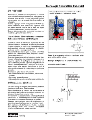 Tecnologia Pneumática Industrial
2/2 - Tipo Spool                                                 Válvula de Controle Direcional 3/2 Acionada por Pino
                                                                 Retorno por Mola, N.F., Tipo Assento Cônico
Nesta válvula, o distribuidor axial (êmbolo) se desloca
com movimentos longitudinais sobre espaçadores e
anéis de vedação tipo “O Ring”, permitindo ou não
comunicação entre a conexão de alimentação e a
utilização.
Quanto à posição inicial, esta pode ser fechada ou
aberta. O êmbolo deve possuir uma superfície bem
lisa e sem defeitos, a fim de que os anéis não sejam
prejudicados e realizem uma boa vedação.
Quanto ao acionamento, podem ser musculares,
mecânicos, pneumáticos e elétricos.

2/2 - Acionada por Solenóide Ação Indire-
ta Servocomandada por Diafragma
                                                                                                               2
Quando a válvula é alimentada, a pressão atua na
parte superior do diafragma, ao passar por alguns
orifícios existentes na membrana, mantendo-a em sua
sede, auxiliado pela mola posicionadora do induzido,
                                                                                                               1     3
vedando, assim, a passagem de fluxo.                                                                        Simbologia
No local onde o induzido apóia-se, existe um orifício
piloto, o qual é mantido bloqueado, enquanto o solenói-
de não for energizado.                                         Tipos de acionamento: alavanca com trava, botão,
Energizando-se o solenóide, o induzido é atraído, libe-        pino, rolete, gatilho, esfera.
rando o orifício piloto, por onde ocorre o escape do ar
da parte superior do diafragma, o que provoca um               Exemplo de Aplicação de uma Válvula 3/2 vias
desequilíbrio de pressão. A pressão na parte inferior
desloca o diafragma e libera o fluxo para a utilização.        Comando Básico Direto
Assim que o sinal elétrico é eliminado, o fluxo é
interrompido pela ação da mola e posteriormente pela
pressão.
Exemplo de aplicação de válvulas 2/2:
                                                                                                        A
- Em comandos de válvulas acionadas por alívio de
  pressão.
- Controle e passa-não-passa
- Válvulas de fechamento (semelhantes a registros) etc.

3/2 Tipo Assento com Cone
                                                                                     a2
Um corpo retangular abriga num furo interno uma haste                                        2
perfurada, molas e um cone obturador.
Estão dispostos de tal maneira que, ao se realizar a
alimentação, a pressão mantém o cone obturador em
                                                                                             1     3
seu assento, auxiliada por uma mola.
Pressionando-se o acionamento, a haste perfurada é
deslocada e se encaixa na ponta do cone, forçando-o
a se desalojar do assento e liberando a pressão.
Cessado o acionamento, o cone é forçado contra o
assento, enquanto a haste retorna à posição inicial.
Com o afastamento da haste em relação à ponta do
cone, a furação interna desta é liberada e através dela
o ar utilizado é exaurido para a atmosfera.


                                                          47                              Parker Hannifin Ind. Com. Ltda.
                                                                                          Jacareí, SP - Brasil
               Training
 