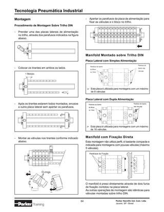 Tecnologia Pneumática Industrial
Montagem                                                        -   Apertar os parafusos da placa de alimentação para
                                                                    fixar as válvulas e o bloco no trilho.
Procedimento de Montagem Sobre Trilho DIN

-   Prender uma das placas laterais de alimentação
    no trilho, através dos parafusos indicados na figura
    abaixo.




                                                                Manifold Montado sobre Trilho DIN
                                                                Placa Lateral com Simples Alimentação

-   Colocar os tirantes em ambos os lados.

          1 Módulo




                                                                        Esta placa é utilizada para montagens com um máximo
                                                                    ∆

                                                                        de 8 válvulas


                                                                Placa Lateral com Dupla Alimentação
-   Após os tirantes estarem todos montados, encaixe
    a outra placa lateral sem apertar os parafusos.




                                                                        Esta placa é utilizada para montagens com um máximo
                                                                ∆




                                                                        de 16 válvulas.


-   Montar as válvulas nos tirantes conforme indicado           Manifold com Fixação Direta
    abaixo.                                                     Esta montagem não utiliza perfil, é bastante compacta e
                                                                indicada para montagens com poucas válvulas (máximo
                                                                5 válvulas).




             A          O-rings



                                                                O manifold é preso diretamente através de dois furos
                                                                de fixação contidos na placa lateral.
                                                                As outras operações de montagem são idênticas para
                                  B                             válvulas montadas sobre trilho DIN.

                                                           64                                 Parker Hannifin Ind. Com. Ltda.
                                                                                              Jacareí, SP - Brasil
                 Training
 