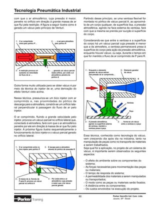 Tecnologia Pneumática Industrial
com que o ar atmosférico, cuja pressão é maior,                                 Partindo desse princípio, se uma ventosa flexível for
penetre no orifício em direção à grande massa de ar                             montada no pórtico de vácuo parcial A, ao aproximá-
que flui pela restrição. A figura a seguir ilustra como é                       la de um corpo qualquer, de superfície lisa, a pressão
gerado um vácuo pelo princípio de Venturi.                                      atmosférica, agindo na face externa da ventosa, fará
                                                                                com que a mesma se prenda por sucção à superfície
                                                                                do corpo.

 1 - O ar comprimido                       2 - … e sai para atmosfera           Considerando-se que entre a ventosa e a superfície
     entra pelo pórtico P…                     pelo pórtico R                   do corpo há um vácuo parcial cuja pressão é menor
                                                                                que a da atmosfera, a ventosa permanecerá presa à
                                                                                superfície do corpo pela ação da pressão atmosférica,
                                                                                enquanto houver vácuo, ou seja, durante o tempo em
                                                                                que for mantido o fluxo de ar comprimido de P para R.




 3 - A restrição provoca um            4 - … gerando um vácuo parcial            1 - Enquanto o elemento                    2 - Elemento gerador
     aumento na velocidade                 neste orifício, por onde o ar             gerador de vácuo estiver                   de vácuo
     do fluxo de ar …                      atmosférico penetra do                    sob pressão do ar comprimido…
                                           pórtico A
                                                                                                                                                 R


Outra forma muito utilizada para se obter vácuo é por
meio da técnica do injetor de ar, uma derivação do
                                                                                               P
efeito Venturi visto acima.

Nessa técnica, pressuriza-se um bico injetor com ar
comprimido e, nas proximidades do pórtico de                                                                         A
                                                                                                                                    Ventosa
descarga para a atmosfera, constrói-se um orifício late-
ral perpendicular à passagem do fluxo de ar pelo
injetor.                                                                                                                              Peça


O ar comprimido, fluindo a grande velocidade pelo
injetor, provoca um vácuo parcial no orifício lateral que,
                                                                                 3 - A pressão atmosférica,              2 - … forma-se um vácuo
conectado à atmosfera, fará com que o ar atmosférico                                 agindo na superfície externa            entre a ventosa e a peça
penetre por ele em direção à massa de ar que flui pelo                               da ventosa, mantém a
                                                                                     ventosa presa à peça
injetor. A próxima figura ilustra esquematicamente o
funcionamento do bico injetor e o vácuo parcial gerado
no orifício lateral.                                                            Essa técnica, conhecida como tecnologia do vácuo,
                                                                                vem crescendo dia após dia na indústria, tanto na
                                                                                manipulação de peças como no transporte de materiais
                                                                                a serem trabalhados.
 1 - O ar comprimido entra no      2 - E escapa para a atmosfera
     bico injetor pelo pórtico P       através do pórtico de exaustão R
                                                                                Seja qual for a aplicação, no projeto de um sistema de
                                                                                vácuo, é importante serem observados os seguintes
                                                                                aspectos:

                                                                                - O efeito do ambiente sobre os componentes do
                                                                                  sistema;
                                                                                - As forças necessárias para movimentação das peças
                                                                                  ou materiais;
                                                                                - O tempo de resposta do sistema;
                                                                                - A permeabilidade dos materiais a serem manipulados
 3 - A massa de ar, fluindo de         4 - Por onde entra o ar                    ou transportados;
     P para R, provoca um vácuo            atmosférico cuja pressão
     parcial no orifício A                 é maior que a do vácuo               - O modo como as peças ou materiais serão fixados;
                                           parcial gerado                       - A distância entre os componentes;
                                                                                - Os custos envolvidos na execução do projeto.

                                                                           80                                       Parker Hannifin Ind. Com. Ltda.
                                                                                                                    Jacareí, SP - Brasil
                      Training
 
