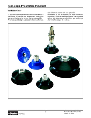 Tecnologia Pneumática Industrial
Ventosa Padrão
                                                            que variam de acordo com sua aplicação.
O tipo mais comum de ventosa, utilizado na fixação e        O tamanho, o tipo do material, as abas simples ou
transporte de cargas que apresentam superfícies             duplas para vedação, as luvas de atrito e as molas de
planas ou ligeiramente curvas, é a ventosa padrão.          reforço são algumas características que podem se
A ventosa padrão é produzida com diferentes formas,         alterar na fabricação da ventosa.




                                                       84                            Parker Hannifin Ind. Com. Ltda.
                                                                                     Jacareí, SP - Brasil
               Training
 
