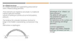 Air-inflated structures.
Air-inflated structures are supported by pressurized air
within inflated building elements.
These elements are shaped to carry loads in a traditional
manner, while the enclosed
volume of building air remains at normal atmospheric
pressure.
The tendency for a double-membrane structure to
bulge in the middle is restrained by a compression ring
by
internal ties or diaphragms.
Advantages of air- inflated / air
frame structure :-
The ability for self support
The potential to support an
attached structure
No restrictions on the number and
size of openings and design
geometry.
Common applications:
Hangars and Shelters, Bespoke
buildings, Permanent roof and
storage.
 