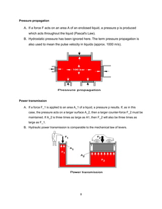 Pressure propagation

   A. If a force F acts on an area A of an enclosed liquid, a pressure p is produced
      which acts throughout the liquid (Pascal's Law).
   B. Hydrostatic pressure has been ignored here. The term pressure propagation is
      also used to mean the pulse velocity in liquids (approx. 1000 m/s).




Power transmission

   A. If a force F_1 is applied to an area A_1 of a liquid, a pressure p results. If, as in this
      case, the pressure acts on a larger surface A_2, then a larger counter-force F_2 must be
      maintained. If A_2 is three times as large as A1, then F_2 will also be three times as
      large as F_1.
   B. Hydraulic power transmission is comparable to the mechanical law of levers.




                                                 8
 