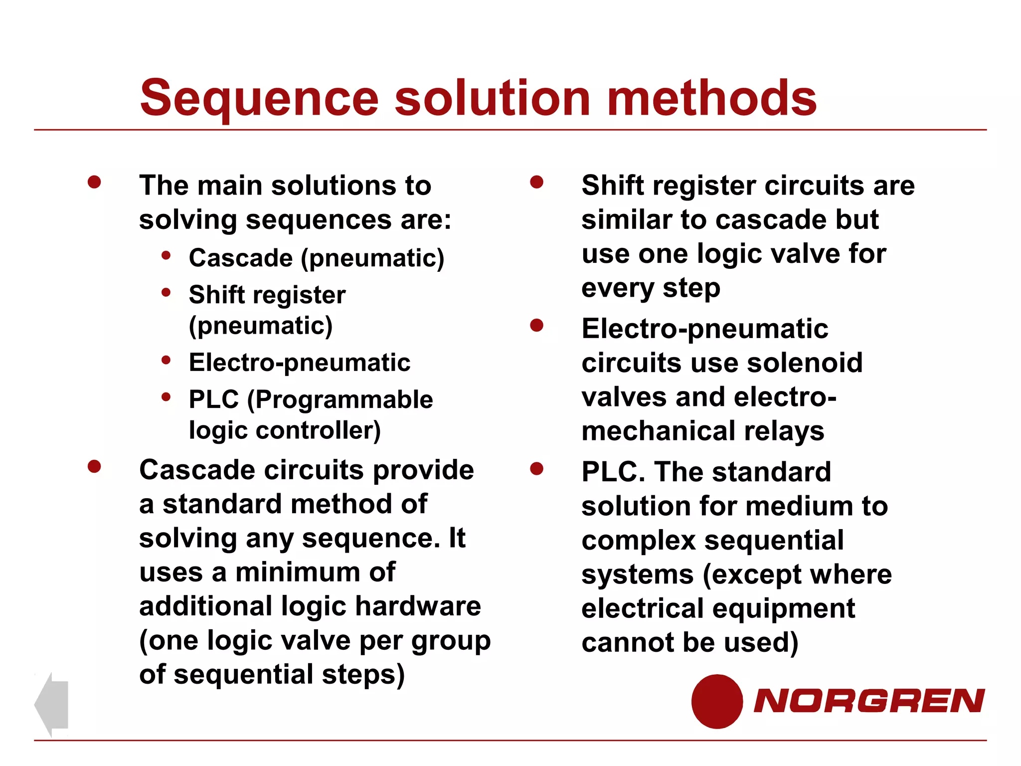 Sequence solution methods


The main solutions to
solving sequences are:








Cascade (pneumatic)
Shift register
(pneumatic)
Electro-pneumatic
PLC (Programmable
logic controller)

Cascade circuits provide
a standard method of
solving any sequence. It
uses a minimum of
additional logic hardware
(one logic valve per group
of sequential steps)







Shift register circuits are
similar to cascade but
use one logic valve for
every step
Electro-pneumatic
circuits use solenoid
valves and electromechanical relays
PLC. The standard
solution for medium to
complex sequential
systems (except where
electrical equipment
cannot be used)

 