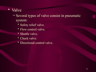 11
• Valve
– Several types of valve consist in pneumatic
system:
• Safety relief valve.
• Flow control valve.
• Shuttle valve.
• Check valve.
• Directional control valve.
 