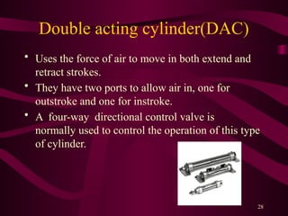 28
Double acting cylinder(DAC)
• Uses the force of air to move in both extend and
retract strokes.
• They have two ports to allow air in, one for
outstroke and one for instroke.
• A four-way directional control valve is
normally used to control the operation of this type
of cylinder.
 