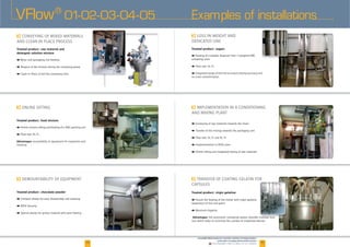 14 15
VFlow®
01-02-03-04-05 Examples of installations
F
Treated product: raw material and
detergent solution mixture
l
l
l
F
Treated product: food mixture
l
l
Advantages
cleaning
F
Treated product: chocolate powder
l
l
l
F
Treated product: sugars
l
l
l
F
l
l
l
l
l
www.palamaticprocess.com/powder-machine/conveying-system
/pneumatic-conveying/dense-phase-suction
Downloadable videos & plans on our website
F
Treated product: virgin gelatine
l
l
Advantages
 