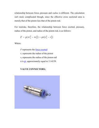 relationship between force, pressure and radius is different. The calculation
isn't more complicated though, since the effective cross sectional area is
merely that of the piston less that of the piston rod.
For instroke, therefore, the relationship between force exerted, pressure,
radius of the piston, and radius of the piston rod, is as follows:
Where:
F represents the force exerted
r1 represents the radius of the piston
r2 represents the radius of the piston rod
π is pi, approximately equal to 3.14159.
VALVE CONNECTORS;
 