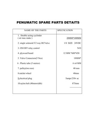 PENUMATIC SPARE PARTS DETAITS
NAME OF THE PARTS SPECFICATION
1. Double acting cyclinder
( air max make )
2. single solenoid 5/2 way DCValve
3. ON/OFF relay control
4. plywood board
5. Valve Connectors(5 Nos)
6 . Plastic tube (5 metres)
7. pulley(two nos)
8.ratchet wheel
9.electrical plug
10.nylon belt (40mmwidth)
20MM*100MM
1/8 SIZE 24VDC
N/O
12 MM *600*450
18MM*
6 x4 MM
40 mm
40mm
5amps/230v ac
875mm
 