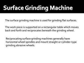 The surface grinding machine is used for grinding flat surfaces.
The work piece is supported on a rectangular table which moves
back and forth and reciprocates beneath the grinding wheel.
Reciprocating surface grinding machines generally have
horizontal wheel spindles and mount straight or cylinder-type
grinding abrasive wheels.
 