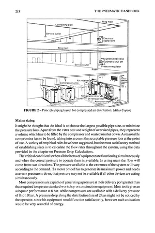 218 THE PNEUMATIC HANDBOOK
Connecting pipe
Service outlet
Ring main
¢c
Service outlet
~ e c e J v e r I
Compressor units ~1
Ri,,
main
Jl signal wire
_
Directional valve
~A'utomatic shut-off
Pressure regulator
Dewpolnt
+2 C , ~
gerationdryer~,
Oil removalfiltei
. . . . . . - . . . . . . . . . . . . . . . ~ ,
FIGURE 2 - Principle piping layout for compressed air distribution. (AtlasCopco)
Mains sizing
It might be thought that the ideal is to choose the largest possible pipe size, to minimize
the pressure loss. Apart from the extra cost and weight of oversized pipes, they represent
a volume which has to be filled by the compressor and wasted on shut down. A reasonable
compromise has to be found, taking into account the acceptable pressure loss at the point
of use. A variety of empirical rules have been suggested, but the most satisfactory method
of establishing sizes is to calculate the flow rates throughout the system, using the data
provided in the chapter on Pressure Drop Calculations.
The critical condition is when all the items of equipment are functioning simultaneously
and when the correct pressure to operate them is available. In a ring main the flow will
come from two directions. The pressure available at the extremes of the system will vary
according to the demand. If a motor or tool has to generate its maximum power and needs
a certain pressure to do so, that pressure may not be available if all other devices are acting
simultaneously.
Most compressors are capable of generating a pressure at their delivery port greater than
that required to operate standard workshop or construction equipment. Most tools give an
adequate performance at 6 bar, while compressors are available with a delivery pressure
of 8 to 10 bar. A pressure drop along the distribution line of 2 bar might not be noticed by
the operator, since his equipment would function satisfactorily, however such a situation
would be very wasteful of energy.
 