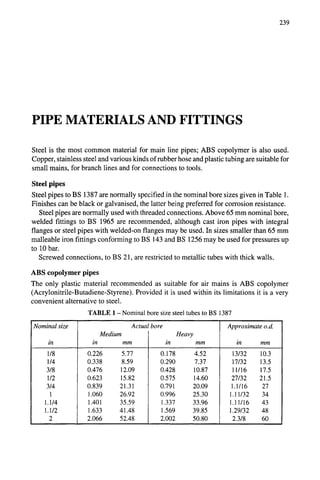 239
PIPE MATERIALS AND FITTINGS
Steel is the most common material for main line pipes; ABS copolymer is also used.
Copper, stainless steel and various kinds of rubber hose and plastic tubing are suitable for
small mains, for branch lines and for connections to tools.
Steel pipes
Steel pipes to BS 1387 are normally specified in the nominal bore sizes given in Table 1.
Finishes can be black or galvanised, the latter being preferred for corrosion resistance.
Steel pipes are normally used with threaded connections. Above 65 mm nominal bore,
welded fittings to BS 1965 are recommended, although cast iron pipes with integral
flanges or steel pipes with welded-on flanges may be used. In sizes smaller than 65 mm
malleable iron fittings conforming to BS 143 and BS 1256 may be used for pressures up
to 10 bar.
Screwed connections, to BS 21, are restricted to metallic tubes with thick walls.
ABS copolymer pipes
The only plastic material recommended as suitable for air mains is ABS copolymer
(Acrylonitrile-Butadiene-Styrene). Provided it is used within its limitations it is a very
convenient alternative to steel.
Nominal size
1/8
1/4
3/8
1/2
3/4
1
1.1/4
1.1/2
2
TABLE 1 - Nominal bore size steel tubes to BS 1387
Actual bore
Medium
in mm
0.226 5.77
0.338 8.59
0.476 12.09
0.623 15.82
0.839 21.31
1.060 26.92
1.401 35.59
1.633 41.48
2.066 52.48
Heavy
in mm
0.178
0.290
0.428
0.575
0.791
0.996
1.337
1.569
2.002
4.52
7.37
10.87
14.60
20.09
25.30
33.96
39.85
50.80
Approximate o.d.
in mm
13/32 10.3
17/32 13.5
11/16 17.5
27/32 21.5
1.1/16 27
1.11/32 34
1.11/16 43
1.29/32 48
2.3/8 60
 