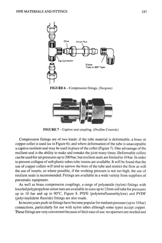 PIPE MATERIALS AND FITTINGS 247
Olive Union Nut
Tee Connector
Elbow
Tube to BSP Taper
FIGURE 6 -Compression fittings. (Norgren)
FIGURE 7- Captive seal coupling. (DrallimControls)
Compression fittings are of two kinds: if the tube material is deformable, a brass or
copper collet is used (as in Figure 6); and where deformation of the tube is unacceptable
a captive resilient seal may be used in place of the collet (Figure 7). One advantage of the
resilient seal is the ability to make and remake the joint many times. Deformable collets
can be used for air pressures up to 200 bar, but resilient seals are limited to 10 bar. In order
to prevent collapse of soft plastic tubes tube inserts are available. It will be found that the
use of copper collets will tend to narrow the bore of the tube and restrict the flow as will
the use of inserts, so where possible, if the working pressure is not too high, the use of
resilient seals is recommended. Fittings are available in a wide variety from suppliers of
pneumatic equipment.
As well as brass compression couplings, a range of polyamide (nylon) fittings with
knurled polypropylene union nuts are available in sizes up to 12mm o/d tube for pressures
up to 10 bar and up to 90°C, Figure 8. PTFE (polytetrafluoroethylene) and PVDF
(polyvinylidene fluoride) fittings are also made.
In recent years push-in fittings have become popular for medium pressure (up to 10 bar)
connections, particularly for use with nylon tubes although some types accept copper.
These fittings are very convenient because of their ease of use: no spanners are needed and
 