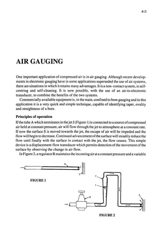 415
AIR GAUGING
One important application of compressed air is in air gauging. Although recent develop-
ments in electronic gauging have in some applications superseded the use of air systems,
there are situations in which it retains many advantages. It is a non- contact system, is self-
centring and self-cleaning. It is now possible, with the use of an air-to-electronic
transducer, to combine the benefits of the two systems.
Commercially available equipment is, in the main, confined to bore gauging and in this
application it is a very quick and simple technique, capable of identifying taper, ovality
and straightness of a bore.
Principles of operation
if the tube A which terminates in the.jet J (Figure 1) is connected to a source of compressed
air held at constant pressure, air will flow through the jet to atmosphere at a constant rate.
If now the surface S is moved towards the jet, the escape of air will be impeded and the
flow will begin to decrease. Continued advancement of the surface will steadily reduce the
flow until finally with the surface in contact with the jet, the flow ceases. This simple
device is a displacement-flow transducer which permits detection of the movement of the
surface by observing the change in air flow.
In Figure 2, aregulator R maintains the incoming air at a constant pressure and a variable
--'-h l
FIGURE 1
A~
.J
FIGURE 2
 