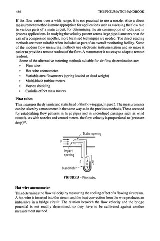 446 THE PNEUMATIC HANDBOOK
If the flow varies over a wide range, it is not practical to use a nozzle. Also a direct
measurement method is more appropriate for applications such as assessing the flow rate
in various parts of a main circuit, for determining the air consumption of tools and in
process applications. In studying the velocity pattern across large pipe diameters or at the
exit of a compressor impeller, more localised techniques are needed. The direct reading
methods are more suitable when included as part of an overall monitoring facility. Some
of the modem flow measuring methods use electronic instrumentation and so make it
easier to provide a remote readout of the flow. A manometer is not easy to adapt to remote
readout.
Some of the alternative metering methods suitable for air flow determination are:
• Pitottube
• Hot wire anemometer
• Variable area flowmeters (spring loaded or dead weight)
• Multi-blade turbine meters
• Vortex shedding
• Coriolis effect mass meters
Pitot tubes
This measures the dynamic and static head of the flowing gas, Figure 5. The measurements
can be taken by a manometer in the same way as in the previous methods. These are used
for establishing flow patterns in large pipes and in unconfined passages such as wind
tunnels. As with nozzles and venturi meters, the flow velocity is proportional to (pressure
drop)°.5.
. . . . . . . . . . . . . . . . . . . . . IS!a!!.c °P,ening
.
I
I...........
I
Impact
opening
ManometerI'" ~
FIGURE 5 - Pitot tube.
Hot wire anemometer
This determines the flow velocity by measuring the cooling effect of a flowing air stream.
A hot wire is inserted into the stream and the heat convection from the wire produces an
imbalance in a bridge circuit. The relation between the flow velocity and the bridge
potential is not readily determined, so they have to be calibrated against another
measurement method.
 