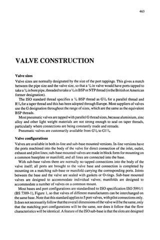 463
VALVE CONSTRUCTION
Valve sizes
Valve sizes are normally designated by the size of the port tappings. This gives a match
between the pipe size and the valve size, so that a 1/4in valve would have ports tapped to
take a 1/4in bore pipe, threaded to take a 1/4in BSP or NTP thread (in the British or American
former designation).
The ISO standard thread specifies a 1/4BSP thread as G~/4for a parallel thread and
RI/4for a taper thread and this has been adopted through Europe. Most suppliers of valves
use the G designation throughout the range of sizes, which are the same as the equivalent
BSP threads.
Most pneumatic valves are tapped with parallel G thread sizes, because aluminium, zinc
alloy and other light weight materials are not strong enough to seal on taper threads,
particularly where connections are being constantly made and remade.
Pneumatic valves are customarily available from G1/8to G 11/4.
Valve configurations
Valves are available in both in-line and sub-base mounted versions. In-line versions have
the ports machined into the body of the valve for direct connection of the inlet, outlet,
exhaust and pilot lines; sub-base mounted valves are made in block form for mounting on
a common baseplate or manifold, and all lines are connected into the base.
With sub-base valves there are normally no tapped connections into the body of the
valve itself; all ports are brought to the valve base and connection is completed by
mounting on a matching sub-base or manifold carrying the corresponding ports. Joints
between the base and the valve are sealed with gaskets or O-rings. Sub-base mounted
valves are designed to accommodate individual valves; manifolds are designed to
accommodate a number of valves on a common mount.
Most bases and port configurations are standardised to ISO specification ISO 5991/1
(BS 7389-1), Figure 1, so that valves of different manufacturers can be interchanged on
the same base. Note that this standard applies to 5 port valves, with pilot connections only.
It does not necessarily follow that the overall dimensions of the valve will be the same, only
that the matching port configurations will be the same, nor does it follow that the flow
characteristics will be identical. A feature of the ISO sub-base is that the slots are designed
 