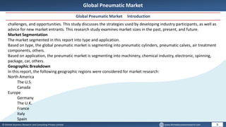 © Dhirtek Business Research and Consulting Private Limited www.dhirtekbusinessresearch.com
Global Pneumatic Market
Global Pneumatic Market Introduction
5
challenges, and opportunities. This study discusses the strategies used by developing industry participants, as well as
advice for new market entrants. This research study examines market sizes in the past, present, and future.
Market Segmentation
The market segmented in this report into type and application.
Based on type, the global pneumatic market is segmenting into pneumatic cylinders, pneumatic calves, air treatment
components, others.
Based on application, the pneumatic market is segmenting into machinery, chemical industry, electronic, spinning,
package, car, others.
Geographic Breakdown
In this report, the following geographic regions were considered for market research:
North America
The U.S.
Canada
Europe
Germany
The U.K.
France
Italy
Spain
 