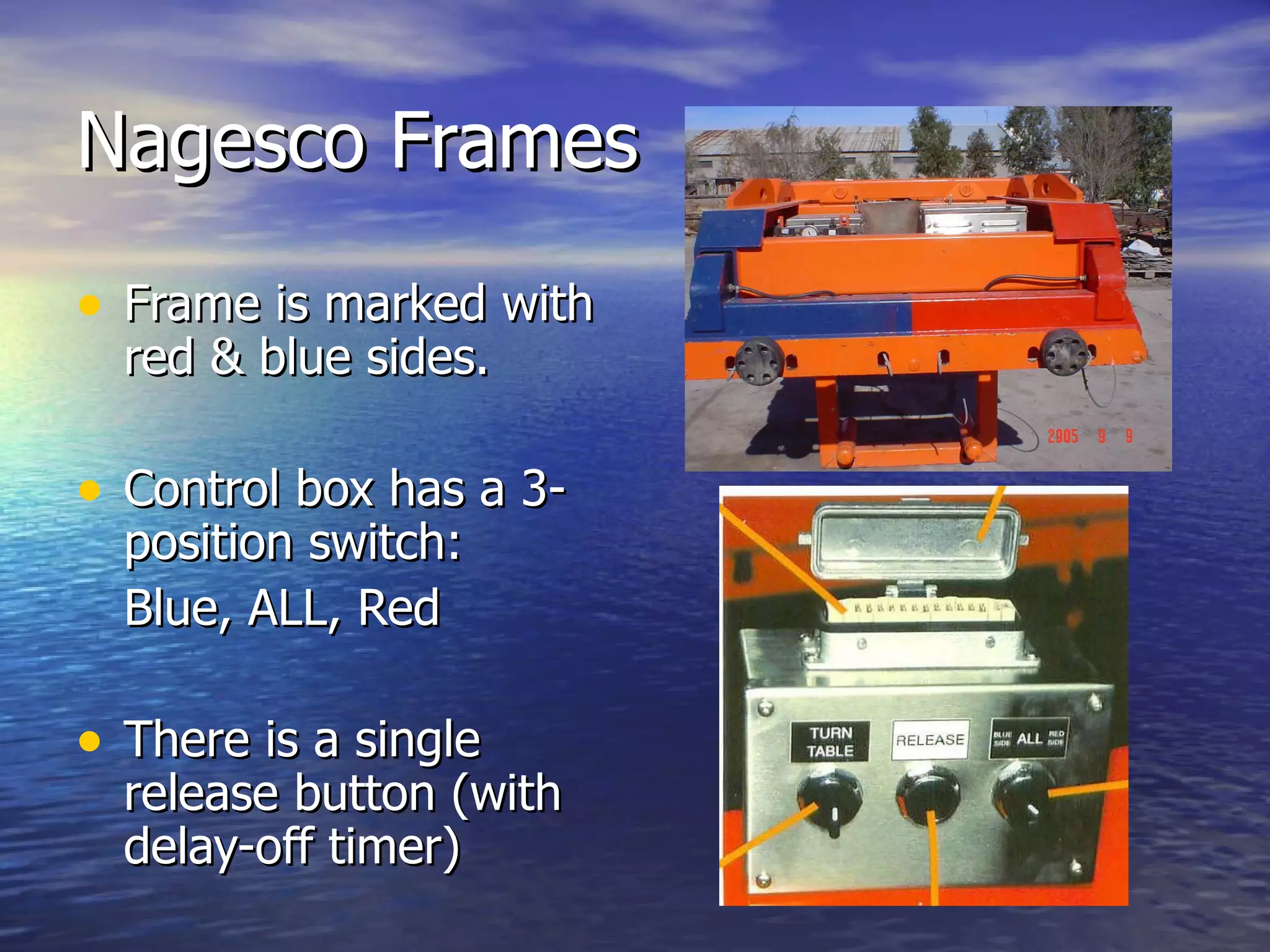Nagesco Frames Frame is marked with red & blue sides. Control box has a 3-position switch: Blue, ALL, Red There is a single release button (with delay-off timer) 
