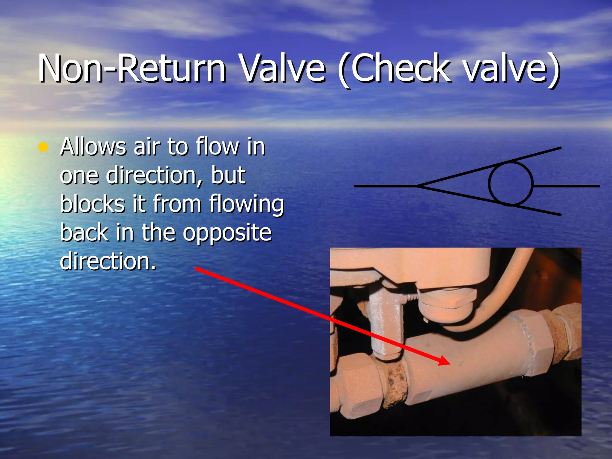 Non-Return Valve (Check valve) Allows air to flow in one direction, but blocks it from flowing back in the opposite direction. 