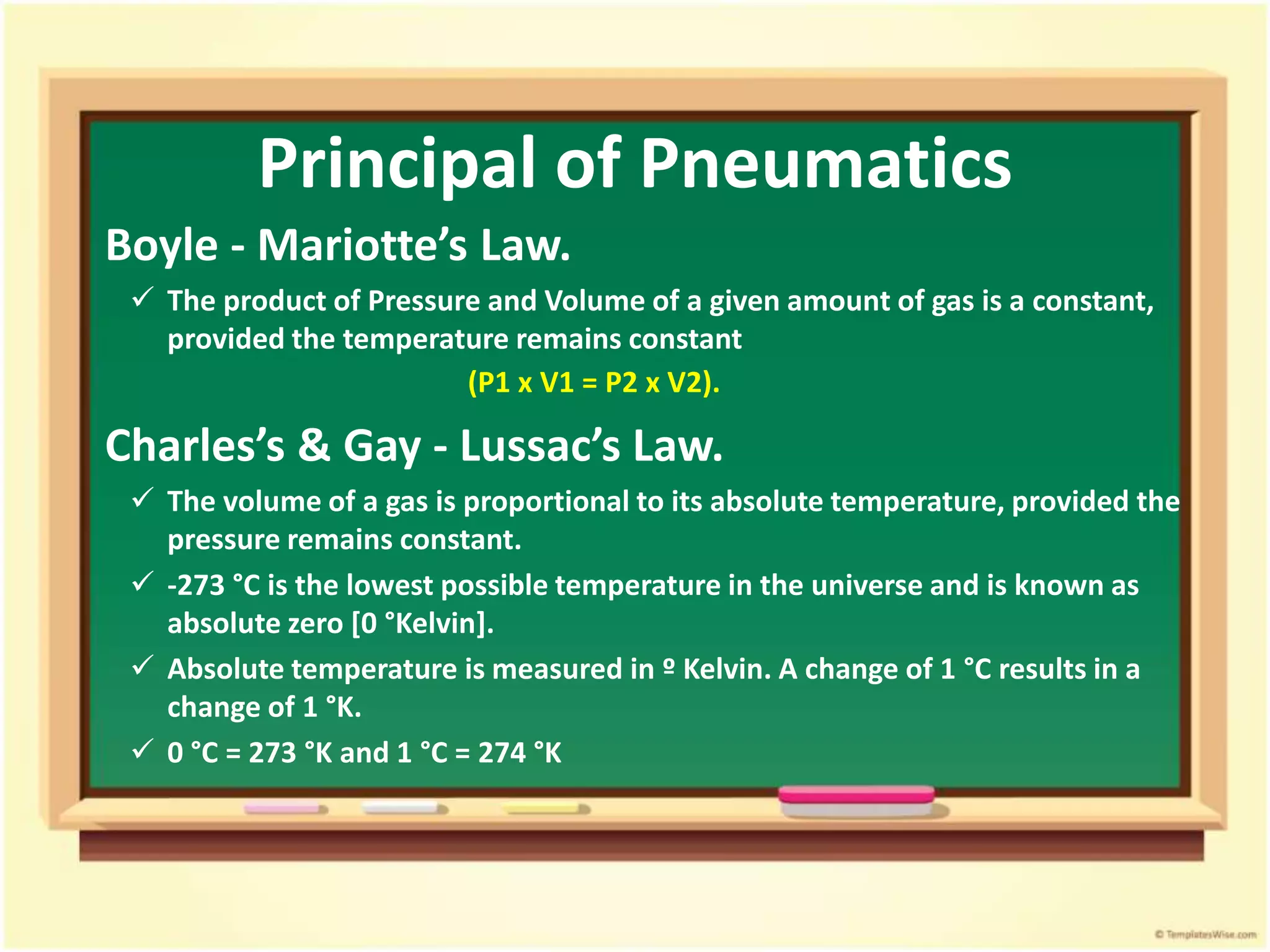 Principal of Pneumatics
Boyle - Mariotte’s Law.
 The product of Pressure and Volume of a given amount of gas is a constant,
provided the temperature remains constant
Charles’s & Gay - Lussac’s Law.
 The volume of a gas is proportional to its absolute temperature, provided the
pressure remains constant.
 -273 °C is the lowest possible temperature in the universe and is known as
absolute zero [0 °Kelvin].
 Absolute temperature is measured in º Kelvin. A change of 1 °C results in a
change of 1 °K.
 0 °C = 273 °K and 1 °C = 274 °K
(P1 x V1 = P2 x V2).
 