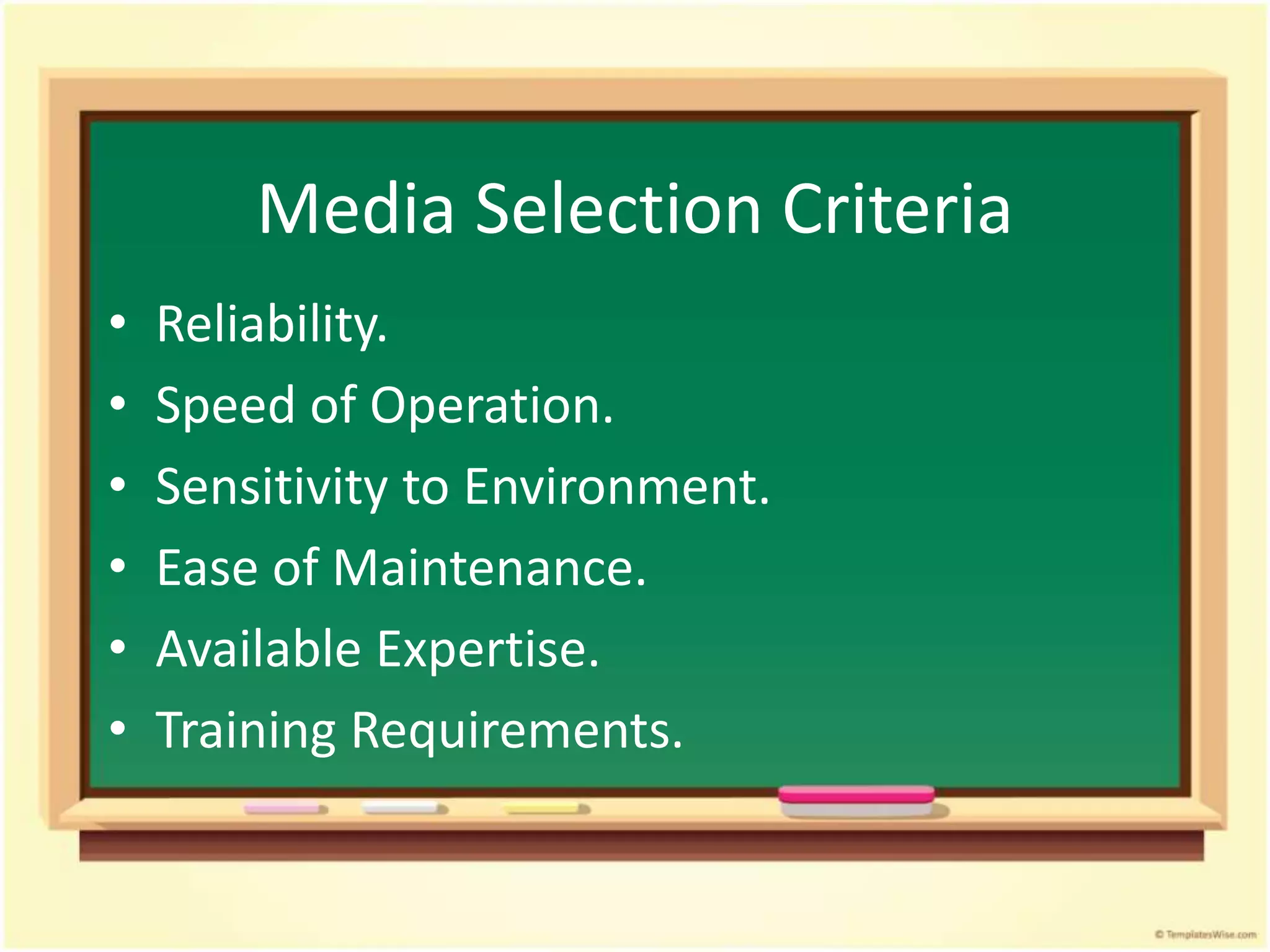Media Selection Criteria
• Reliability.
• Speed of Operation.
• Sensitivity to Environment.
• Ease of Maintenance.
• Available Expertise.
• Training Requirements.
 