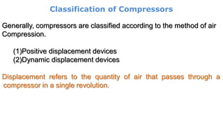 Classification of Compressors
Generally, compressors are classified according to the method of air
Compression.
(1)Positive displacement devices
(2)Dynamic displacement devices
Displacement refers to the quantity of air that passes through a
compressor in a single revolution.
 