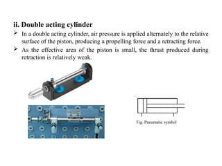 ii. Double acting cylinder
 In a double acting cylinder, air pressure is applied alternately to the relative
surface of the piston, producing a propelling force and a retracting force.
 As the effective area of the piston is small, the thrust produced during
retraction is relatively weak.
Fig. Pneumatic symbol
 