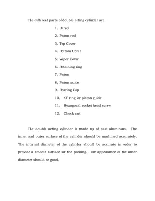 The different parts of double acting cylinder are:
1. Barrel
2. Piston rod
3. Top Cover
4. Bottom Cover
5. Wiper Cover
6. Retaining ring
7. Piston
8. Piston guide
9. Bearing Cap
10. ‘O’ ring for piston guide
11. Hexagonal socket head screw
12. Check nut
The double acting cylinder is made up of cast aluminum. The
inner and outer surface of the cylinder should be machined accurately.
The internal diameter of the cylinder should be accurate in order to
provide a smooth surface for the packing. The appearance of the outer
diameter should be good.
 