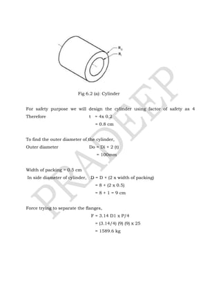Fig 6.2 (a): Cylinder
For safety purpose we will design the cylinder using factor of safety as 4
Therefore t = 4x 0.2
= 0.8 cm
To find the outer diameter of the cylinder,
Outer diameter Do = Di + 2 (t)
= 100mm
Width of packing = 0.5 cm
In side diameter of cylinder, D = D + (2 x width of packing)
= 8 + (2 x 0.5)
= 8 + 1 = 9 cm
Force trying to separate the ﬂanges,
F = 3.14 D1 x P/4
= (3.14/4) (9) (9) x 25
= 1589.6 kg
 