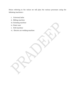 Hence referring to the values we will plan the various processes using the
following machines:-
i. Universal lathe
ii. Milling machine
iii. Grinding machine
iv. Power saw
v. Drill machine
vi. Electric arc welding machine
 