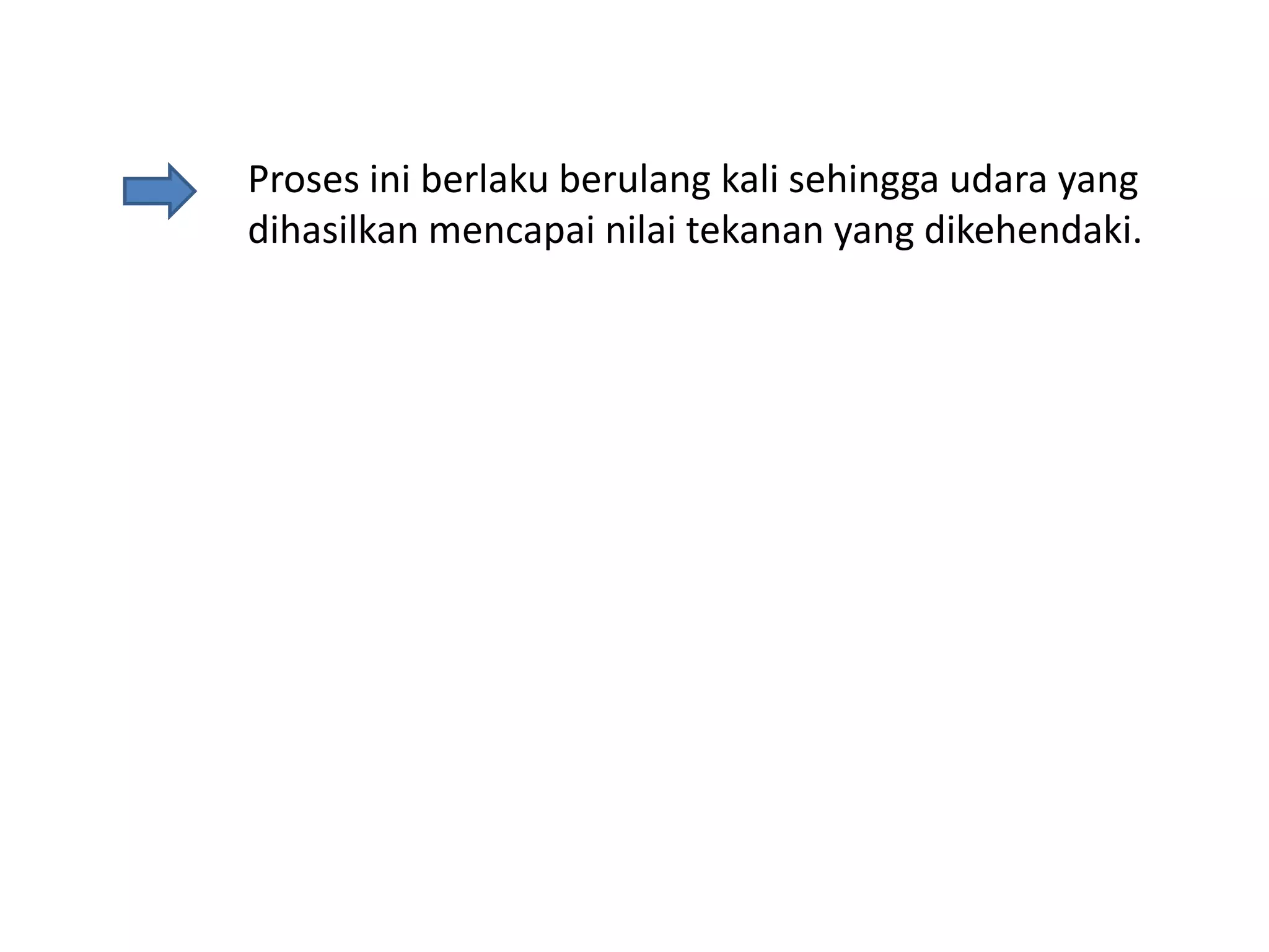 Proses ini berlaku berulang kali sehingga udara yang
dihasilkan mencapai nilai tekanan yang dikehendaki.

 