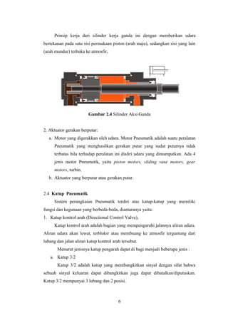 Prinsip kerja dari silinder kerja ganda ini dengan memberikan udara
bertekanan pada satu sisi permukaan piston (arah maju), sedangkan sisi yang lain
(arah mundur) terbuka ke atmosfir,
Gambar 2.4 Silinder Aksi Ganda
2. Aktuator gerakan berputar:
a. Motor yang digerakkan oleh udara. Motor Pneumatik adalah suatu peralatan
Pneumatik yang menghasilkan gerakan putar yang sudut putarnya tidak
terbatas bila terhadap peralatan ini dialiri udara yang dimampatkan. Ada 4
jenis motor Pneumatik, yaitu piston motors, sliding vane motors, gear
motors, turbin.
b. Aktuator yang berputar atau gerakan putar.
2.4 Katup Pneumatik
Sistem perangkaian Pneumatik terdiri atas katup-katup yang memiliki
fungsi dan kegunaan yang berbeda-beda, diantaranya yaitu:
1. Katup kontrol arah (Directional Control Valve),
Katup kontrol arah adalah bagian yang mempengaruhi jalannya aliran udara.
Aliran udara akan lewat, terblokir atau membuang ke atmosfir tergantung dari
lubang dan jalan aliran katup kontrol arah tersebut.
Menurut jenisnya katup pengarah dapat di bagi menjadi beberapa jenis :
a. Katup 3/2
Katup 3/2 adalah katup yang membangkitkan sinyal dengan sifat bahwa
sebuah sinyal keluaran dapat dibangkitkan juga dapat dibatalkan/diputuskan.
Katup 3/2 mempunyai 3 lubang dan 2 posisi.
6
 