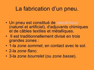 La fabrication d’un pneu. Un pneu est constitué de  caoutchouc  (naturel et artificiel), d'adjuvants chimiques et de câbles textiles et métalliques. Il est traditionnellement divisé en trois grandes zones : 1-la  zone sommet , en contact avec le sol. 2-la  zone flanc. 3-la  zone bourrelet  (ou  zone basse ).  