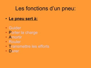 Les fonctions d’un pneu: Le pneu sert à: Guider P orter la  charge A mortir Rouler T ransmettre  les  efforts D urer   