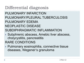 Differential diagnosis
PULMONARY INFARCTION
PULMONARY/PLEURAL TUBERCULOSIS
PULMONARY EDEMA
NEOPLASTIC DISEASE
SUBDIPHRAGMATIC INFLAMMATION
 Subphrenic abscess, Amebic liver abscess,
  cholycystitis, pancreatitis
RARE CONDITIONS
 Pulmonary eosinophilia, connective tissue
  diseases, Wegener’s granuloma

                                   2-Nov-12
 