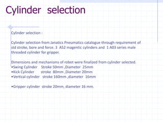 Cylinder selectionCylinder selection : Cylinder selection from Janatics Pneumatics catalogue through requirement of std stroke, bore and force. 3 A52 magentic cylinders and 1 A03 series male threaded cylinder for gripper. Dimensions and mechanisms of robot were finalized from cylinder selected. 
•Swing Cylinder Stroke 50mm ,Diameter 25mm 
•Kick Cylinder stroke 80mm ,Diameter 20mm 
•Vertical cylinder stroke 160mm ,diameter 16mm 
•Gripper cylinder stroke 20mm, diameter 16 mm.  