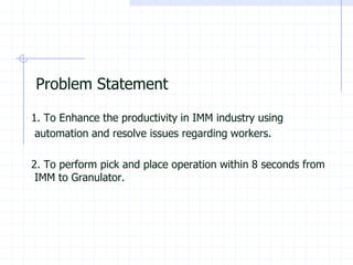 Problem Statement1. To Enhance the productivity in IMM industry using automation and resolve issues regarding workers. 2. To perform pick and place operation within 8 seconds from IMM to Granulator.  