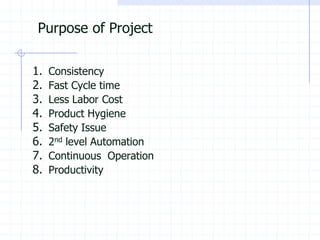 Purpose of Project 
1.Consistency 
2.Fast Cycle time 
3.Less Labor Cost 
4.Product Hygiene 
5.Safety Issue 
6.2ndlevel Automation 
7.Continuous Operation 
8.Productivity  