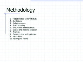 Methodology 
1.Robot models and IMM study 
2.Exhibitions 
3.Industry survey 
4.Brain storming 
5.Pneumatics and Electricals. 
6.Design and material selection 
7.Analysis 
8.Design review and synthesis 
9.Fabrication 
10.Testing and results  