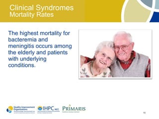 Clinical Syndromes
Mortality Rates

The highest mortality for
bacteremia and
meningitis occurs among
the elderly and patients
with underlying
conditions.




                            10
 