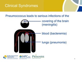 Clinical Syndromes

Pneumoccocus leads to serious infections of the
                          covering of the brain
                          (meningitis)

                          blood (bacteremia)


                          lungs (pneumonia)




                                                  8
 