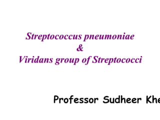 Streptococcus pneumoniae
&
Viridans group of Streptococci
Professor Sudheer Khe
 