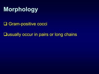 Morphology

 Gram-positive cocci

usually occur in pairs or long chains
 
