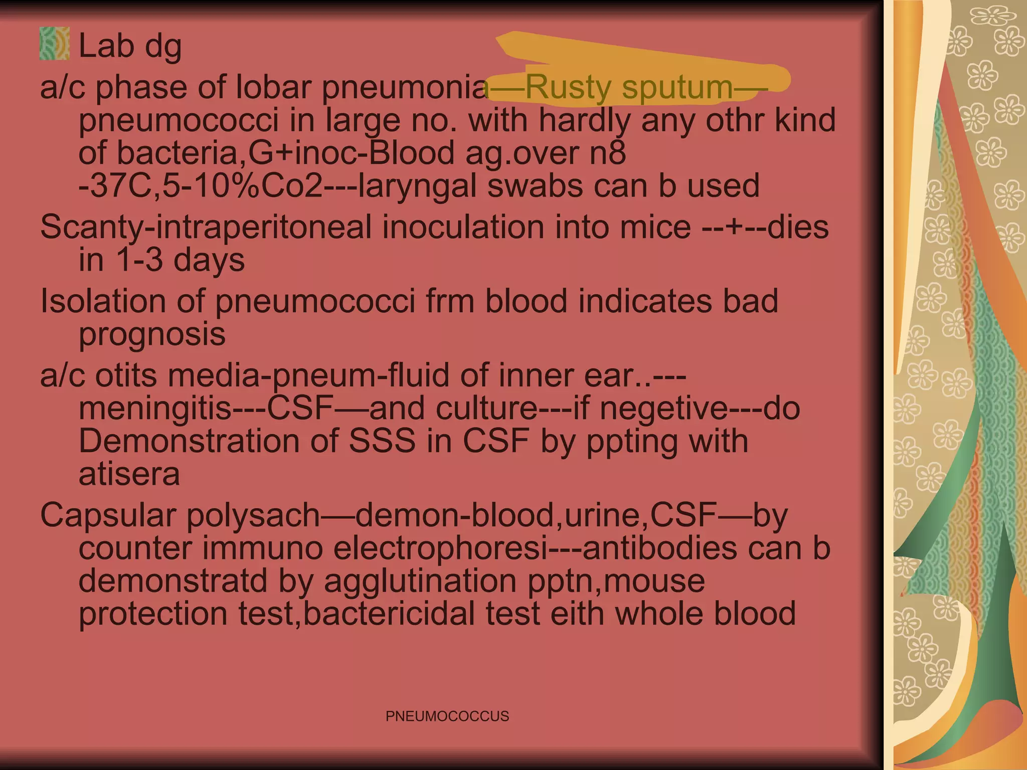 Lab dg a/c phase of lobar pneumonia—Rusty sputum—pneumococci in large no. with hardly any othr kind of bacteria,G+inoc-Blood ag.over n8 -37C,5-10%Co2---laryngal swabs can b used Scanty-intraperitoneal inoculation into mice --+--dies in 1-3 days Isolation of pneumococci frm blood indicates bad prognosis a/c otits media-pneum-fluid of inner ear..---meningitis---CSF—and culture---if negetive---do Demonstration of SSS in CSF by ppting with atisera Capsular polysach—demon-blood,urine,CSF—by counter immuno electrophoresi---antibodies can b demonstratd by agglutination pptn,mouse protection test,bactericidal test eith whole blood 